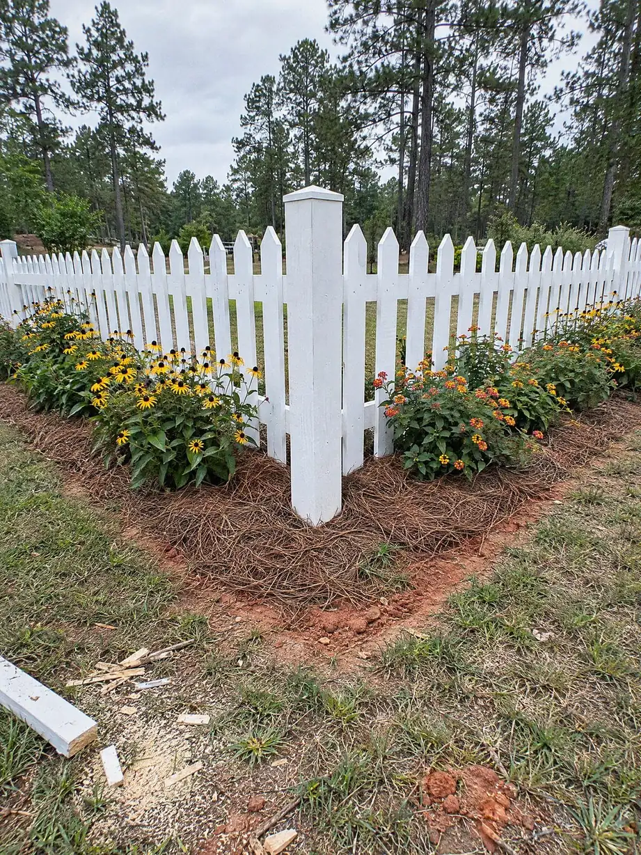 Corner of a white wood picket fence beside a flower bed edged with pine straw